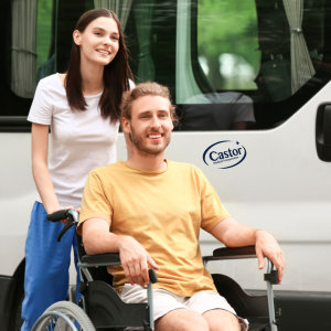 Smiling disabled man with young woman