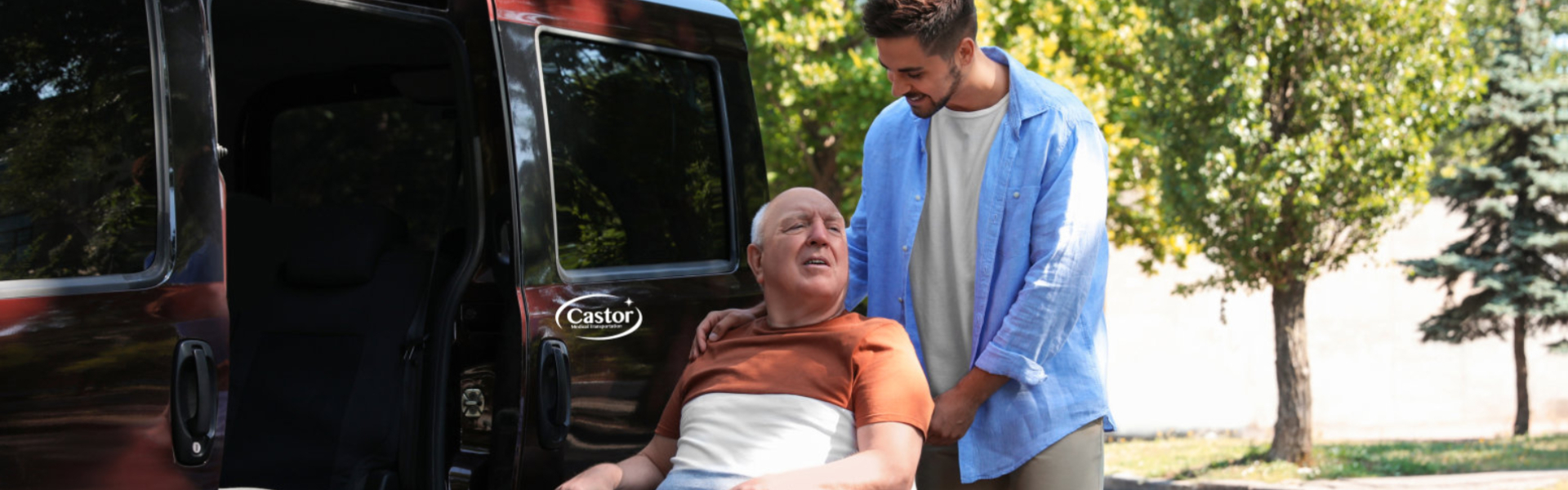 Young man assisting senior man get into the van